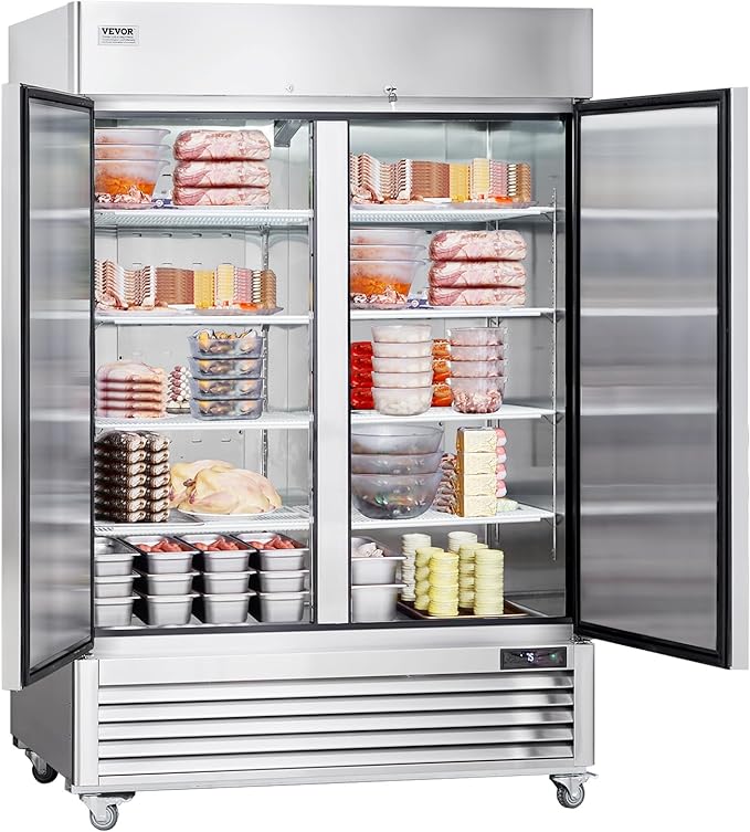 VEVOR Commercial Freezer 44.21 Cu.ft, Reach In 54.4" W Upright Freezer 2 Doors, Auto-Defrost Stainless Steel Reach-in Freezer with 8 Adjustable Shelves, -13 to 5℉ Temp Control, LED Lighting, 4 Wheels