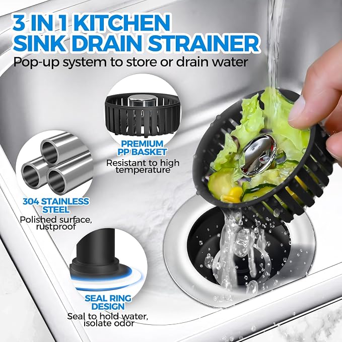 zaa 3 in 1 Kitchen Sink Drain Strainer Stopper Removable Basket Pop-Up - Image 2