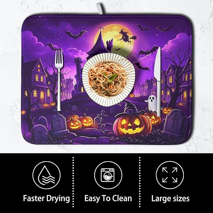 Halloween Dish Drying Mat for Kitchen Counter Witch Castle Bats Ghost Purple - Image 4
