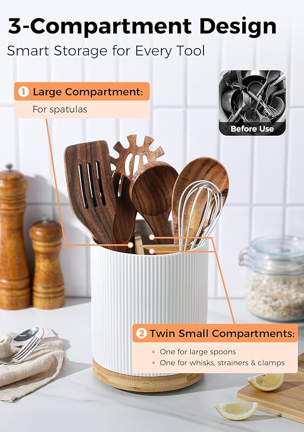 LoeJan 3 Compartment Utensil Holder, Extra Large Utensil Crock, Stable Ceramic Utensil Organizer, Cooking Tool Organizer Set for Kitchen Counter Farmhouse Decor (A-White(Vertical Stripe))
