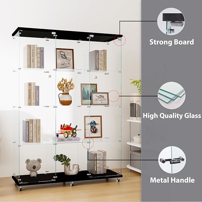 66.5" H 4-Shelf Extra Large Glass Display Cabinet with Double Doors,Modern Floor Standing Curio Cabinet Bookshelf Collection Display Case with Lockable Casters & Lock for Living Room (Black)
