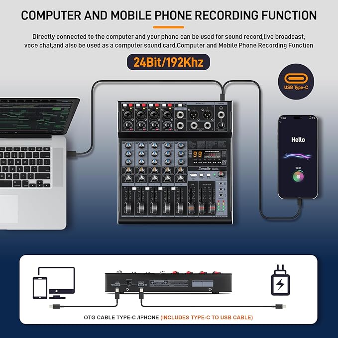 RM06 6Channel Audio Mixer Sound Board, Bluetooth Mixer USB Audio Interface, DJ Mixer with 2 XLR Combo Inputs, 24 Bit 192kHz Recording, Mixing Console for Podcast Live Streaming Home Studio