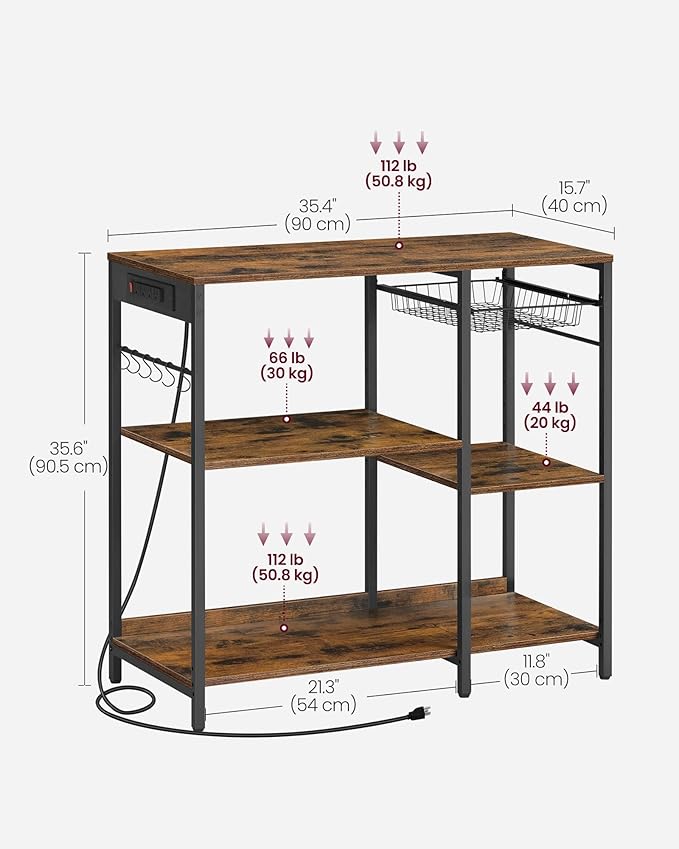 VASAGLE Baker's Rack, Coffee Bar Stand with Charging Station, 35.6 Inches Tall, Storage Shelves, Pull-Out Wire Basket, Table for Microwave, Kitchen, Rustic Brown and Ink Black UKKS036K01