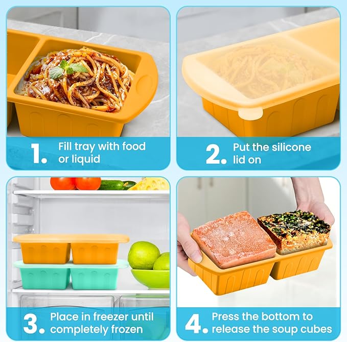 2 Pack Silicone Freezer Trays With Lid For Easy Storage Silicone Soup Freezer Molds 2 Cup ，Perfect For ice cube tray Freezing Broth Sauces Store Leftovers , Leakproof, Easy Release Dishwasher Safe