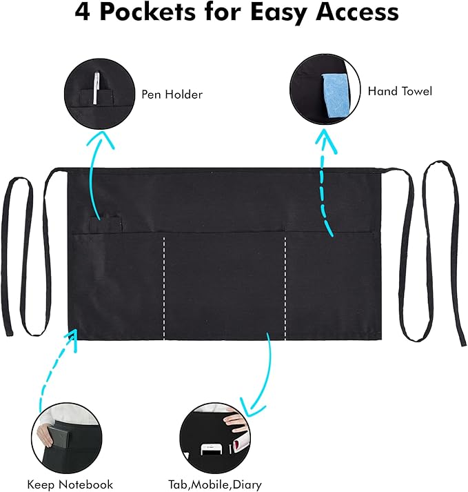 Dreamology Server Apron,Waist Apron with Pockets,Waitress Apron,Server Aprons with 3 Pockets,Waterdrop Resistant Aprons, Short, Half & Waist Apron, Aprons, Black waitress apron - Black (3 Pack)