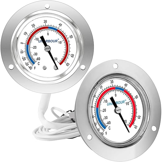 Cooler Thermometer Commercial, Refrigerator Thermometer, Walk in Cooler Thermometer, Analog Panel Mount Thermometer, Range -40 to 65 ℉, 2" Dial Stainless Steel Flange(Pack of 2)