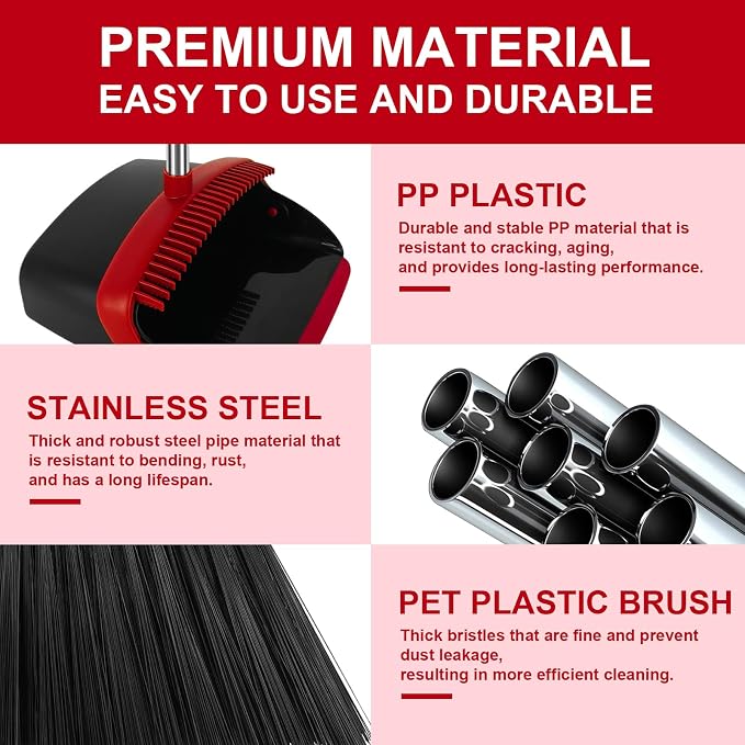 Red Broom and Dustpan Combo Set, Extended Reach Design, Built-in Comb Dustpan - Image 2