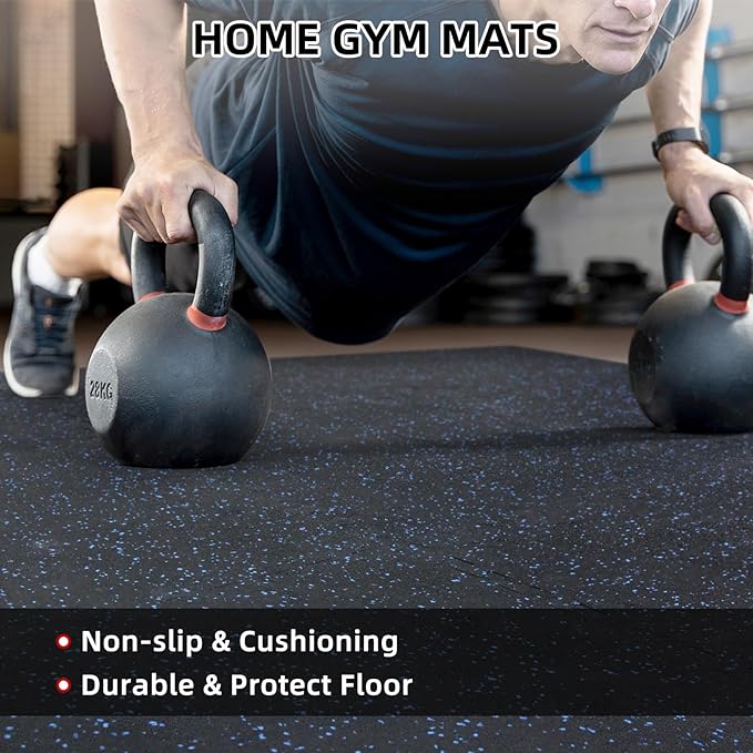 0.56in Thick 96 Sq Ft Exercise Equipment Mats, 24 Tiles Rubber Top EVA Foam Workout Mats, Interlocking Gym Flooring for Home Gym, 24 x 24in, Black & Blue