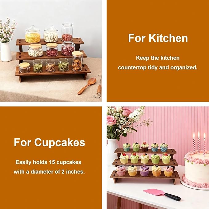 Wood Display Stand - Rustic Cupcake Stands, Tiered Cupcake Stand, 3 Tier Wood Risers Display Stands for Cup Cake, Dessert, 2 Pack