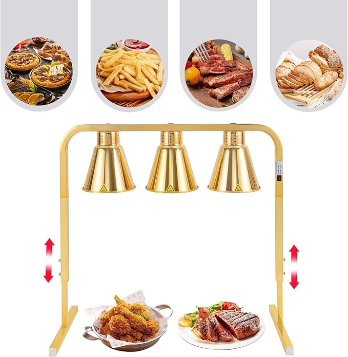 3-Head Food Heat Lamp Warmer Gold, 750W 3*Tungsten Bulb Buffet Display Heating Preservation Light for Buffet, 122℉ Insulation Electric Portable Heating Lamp Adjustable Height(Gold 3-Head)