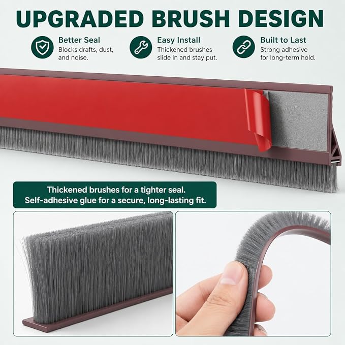 Door Draft Stopper with Brush, 1 Pack | Self Adhesive Weather Stripping - Image 5
