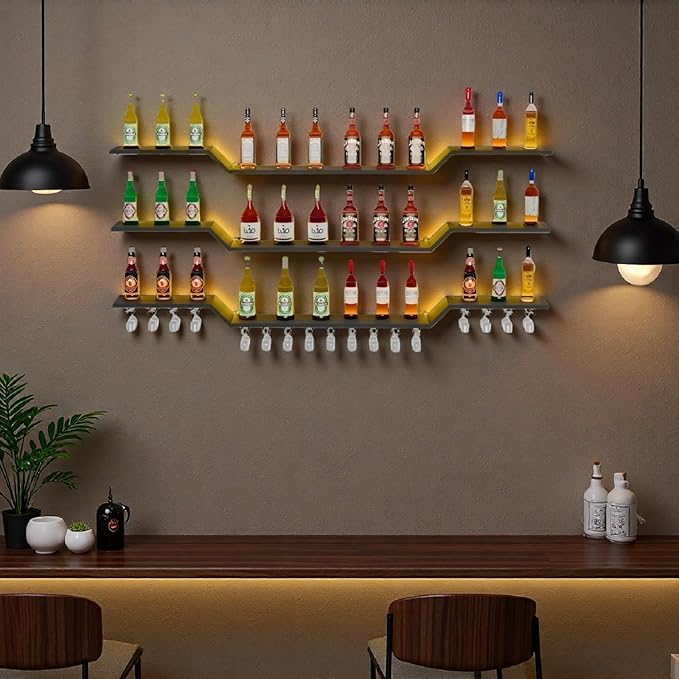 63" Wall Mounted LED Wine Rack, 3-Tier Floating Bar Shelves, Large Liquor Shelf with Wine Glass Rack, Large Bar Rack Wall Mounted for Liquor Bottles, Home Bar, Dining Room or Cafe, Black