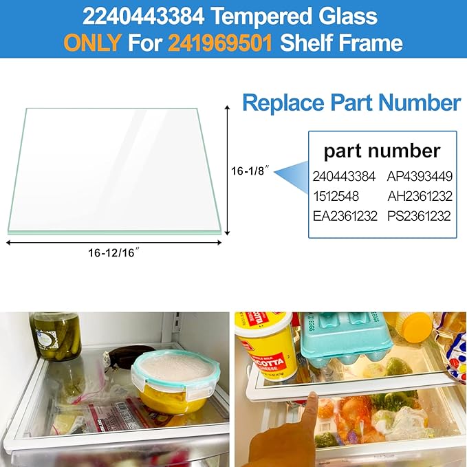 UPGRADED 240443384 Refrigerator Crisper Glass Inset Only for 241969501 Refrigerator Shelf Frame,Glass Crisper Cover Compatible with Frigidaire Refrigerator Replacement Shelf Parts
