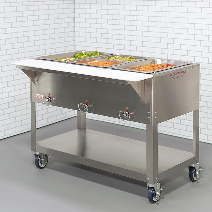 Kratos Commercial Mobile Electric Steam Table/Hot Food Table, 3 Wells, Stainless Steel, NSF 120V (28W-197)