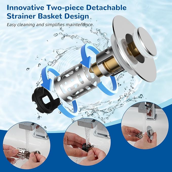 Hibbent 2 PCS Upgraded 3 in 1 Bathroom Sink Drain Strainer, Pop Up Stopper | - Image 4