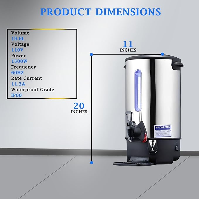 Commercial Electric Kettle Warmer Stainless Steel Hot Water Dispenser Hot Water Boiler And Warmer with Faucet Quick-Temp or Boil for Tea Coffee 1500W 19.6 Liter Capacity