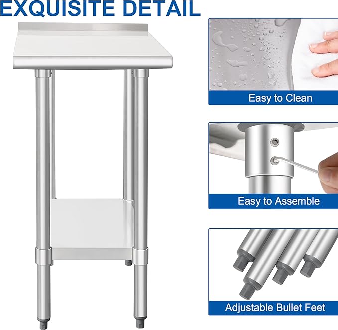 HARDURA Stainless Steel Commercial Work Table Prep Work Metal Table 30×18 Inches with Undershelf and 2" Backsplash Heavy Duty NSF 430 for Kitchen Food Prep