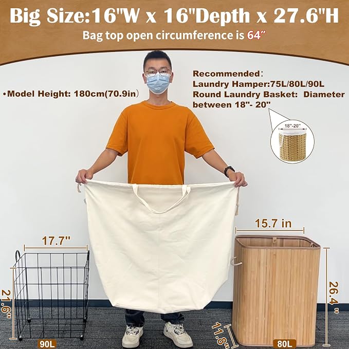 Canvas Laundry Bags with Handles & Square Base 16"Wx16"Depth x27.6"H - Image 4
