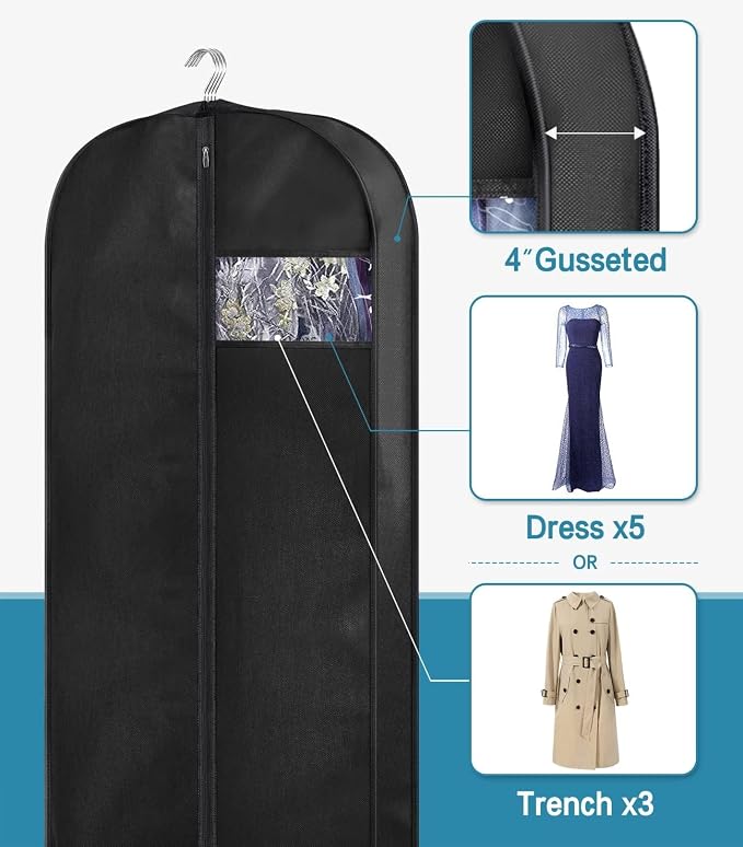 KIMBORA 65" Dress Garment Bags for Hanging Clothes Travel, Gusseted Garment - Image 4