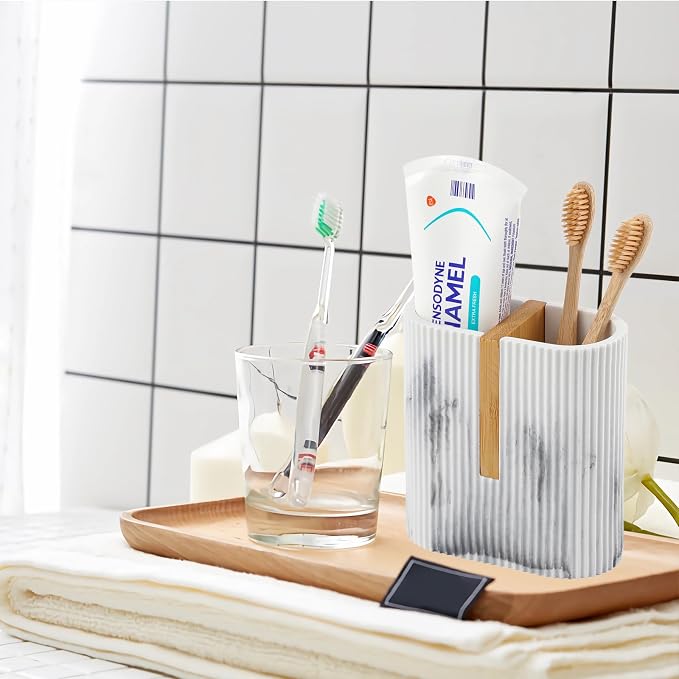 Toothbrush Holders for Bathroom, Bamboo Toothbrush Stand, Marble White | - Image 5
