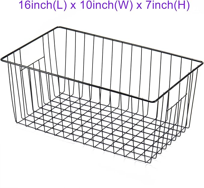 16inch Freezer Wire Storage Organizer Baskets, Household Refrigerator Bin with Built-in Handles for Cabinet, Pantry, Closet