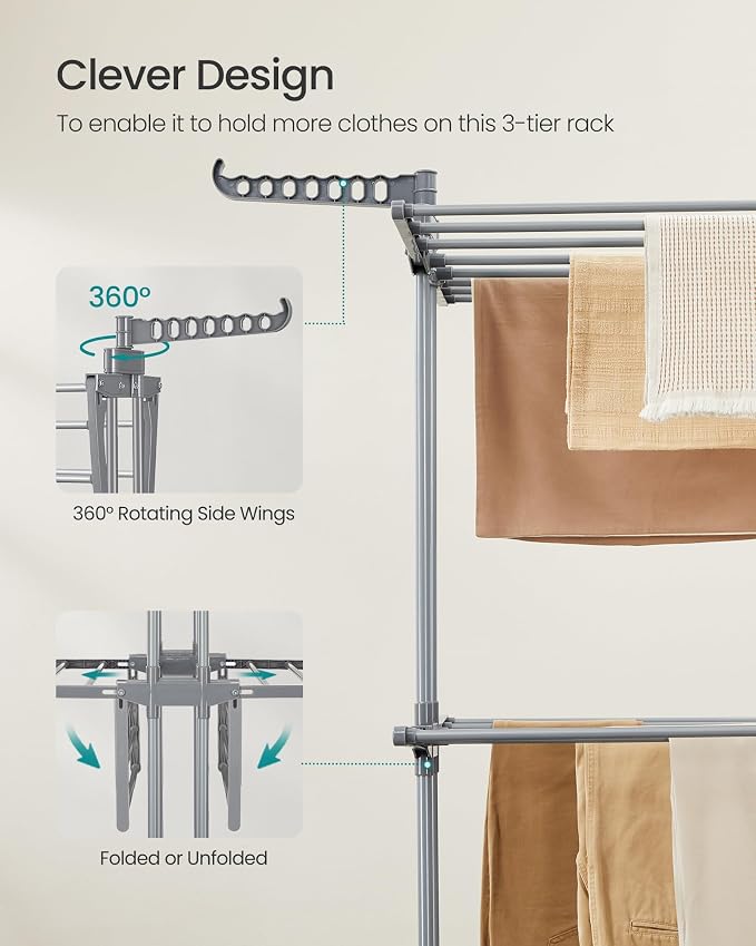 SONGMICS Clothes Drying Rack 3-Tier, Foldable Laundry Rack, Steel | Indoor - Image 6