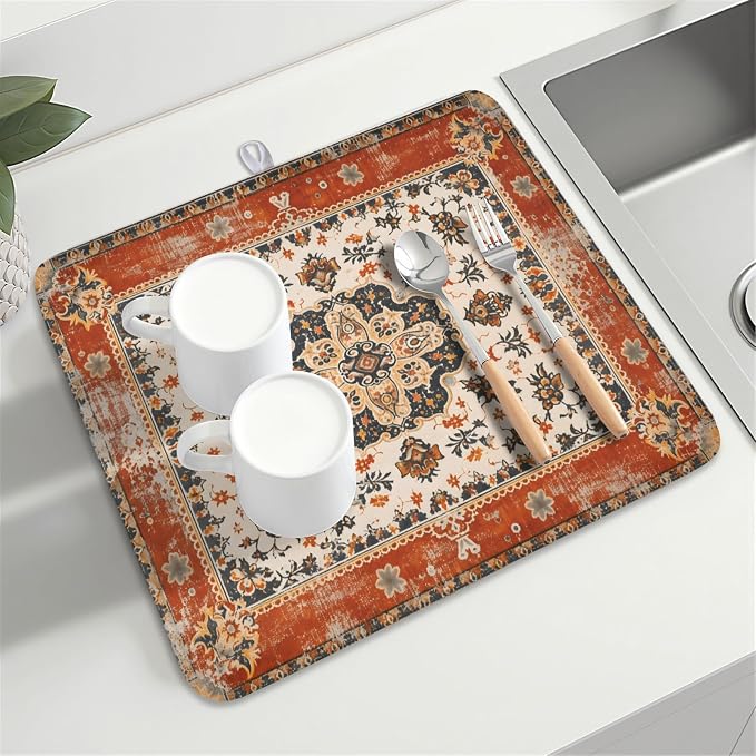 Giwawa Ethnic Boho Dish Drying Mat Rust Coral Floral Decorative Dishes Pad - Image 8