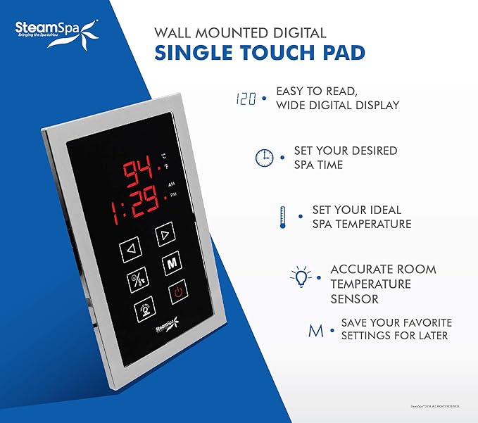 SteamSpa 9kW Steam Sauna Generator Sentry Series 240V Steam Generator with Touch Screen, Steamhead, Built-in Steam Shower Auto Drain, ACU Quickstart Steam Bath Generator Bundle SNT900CH-A