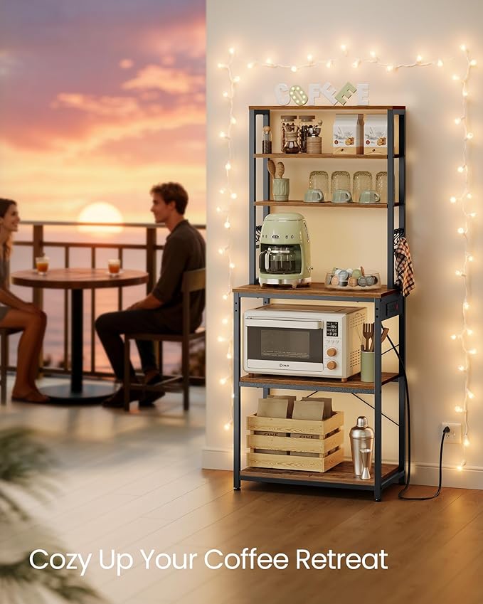 VASAGLE Bakers Rack with Power Outlet, 23.6 Inches Coffee Bar for Kitchen with Storage, 6-Tier Kitchen Shelves with 6 Hooks, Microwave Stand, Industrial, Rustic Brown and Ink Black UKKS124K03
