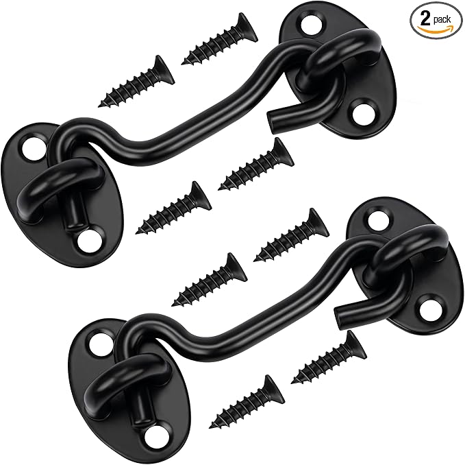 2Pack 4" Hook and Eye Gate Door Latch w/Strong Sturdy Screws Black | Solid by Rainspire