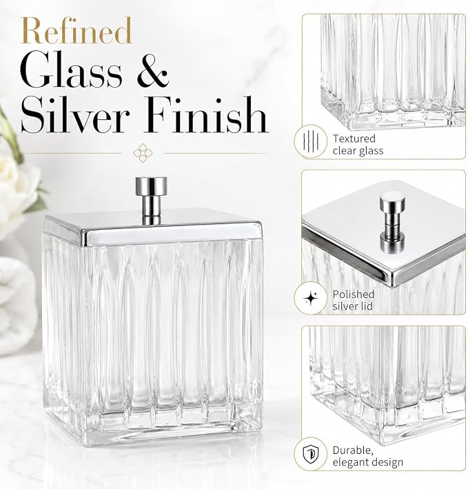 Vince Camuto Home Glass Cotton Jar Holder – Silver Lid, Elegant Bathroom - Image 4