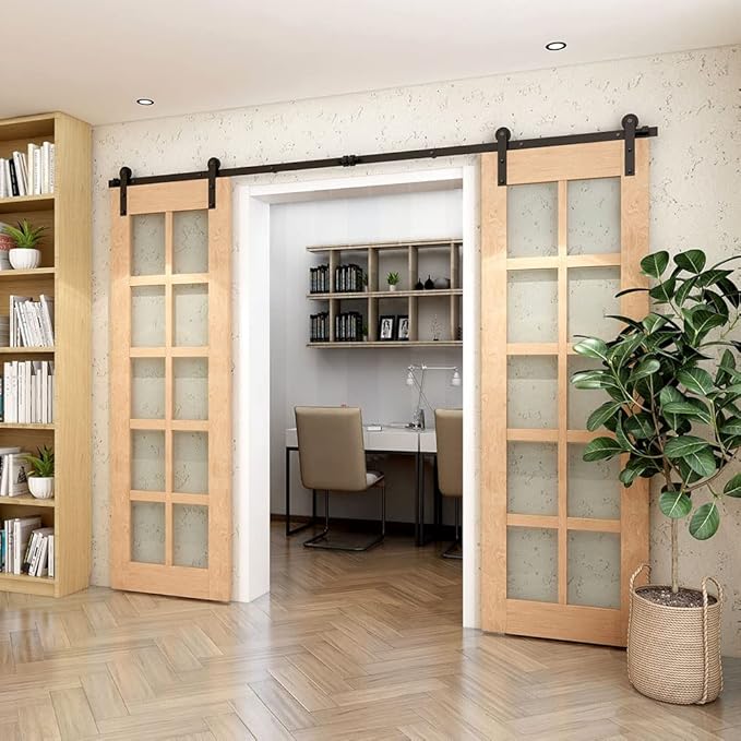 CCJH 4FT Sliding Barn Door Hardware Kit, Heavy Duty, Smoothly and Silently, Easy to Install, Fit 12" Width Double Door Panel, I Shaped Hangers Black