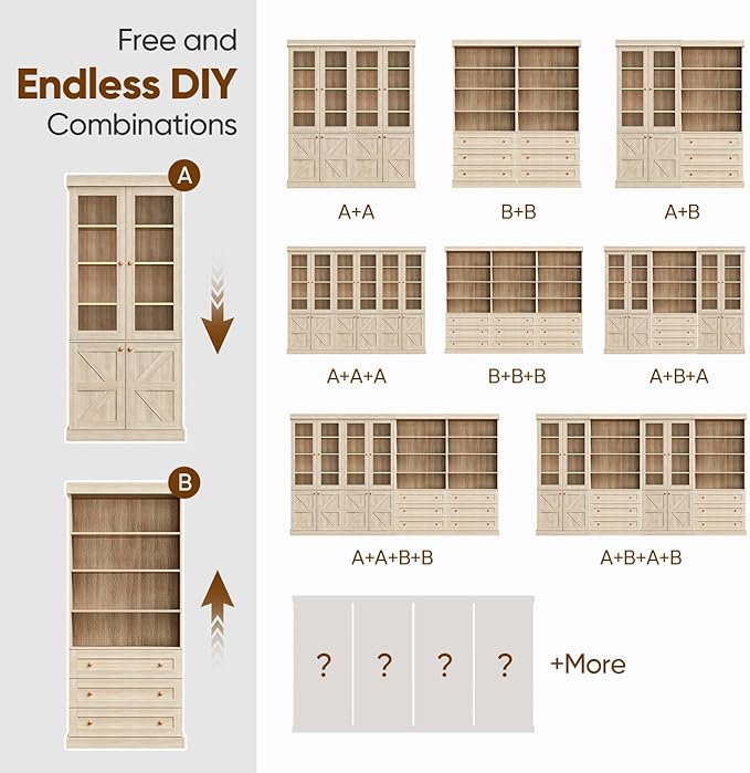 Vyre 71" Tall Farmhouse Kitchen Pantry, Set of 4 Large Storage Cabinets with Glass Doors, Adjustable Shelves, Wood Versatile Hutch Cabinet for Living Room, Dining Room, Brown
