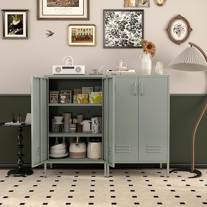 Metal Cabinet,Entryway Storage Cabinets with Adjustable Shelves,Metal Locker Cabinet for Classroom,Living Room,Grey Green