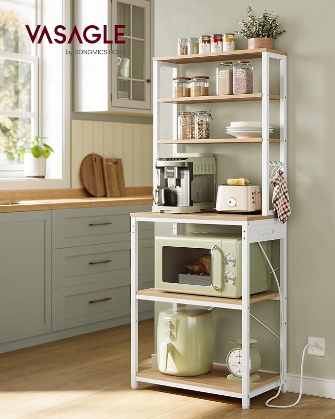 VASAGLE Bakers Rack with Power Outlet, 23.6 Inches Coffee Bar for Kitchen with Storage, 6-Tier Kitchen Shelves with 6 Hooks, Microwave Stand, Industrial, Golden Oak and Cloud White UKKS124Y03