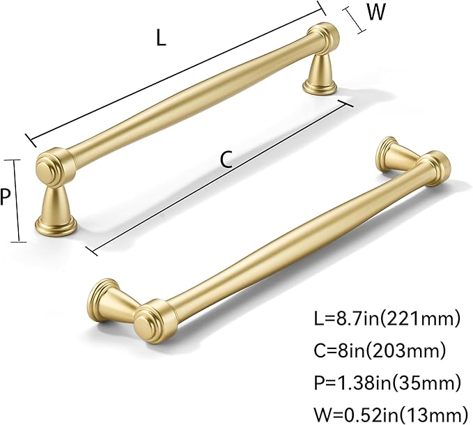 khtumeware 10 Pack 8 Inch(203mm) Brushed Gold Cabinet Pulls Matte Gold Kitchen Cabinet Handles Kitchen Cabinet Hardware for Cupboard Drawer Handles Dresser Pulls
