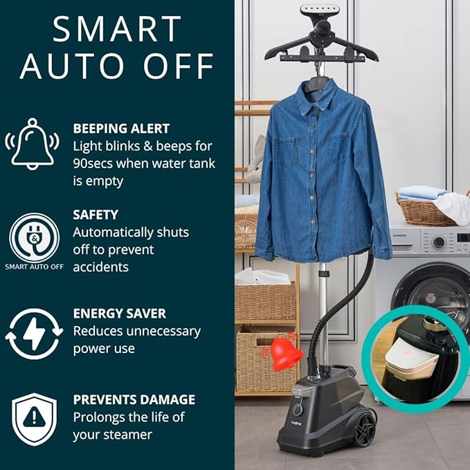 True & Tidy® Heavy-Duty Industrial Standing Garment Steamer for Clothes, 1800 watts, Extra Large 3L water tank 90+ mins of Steam Time (Matte Black, Smart Auto-Off Commercial Garment Steamer)