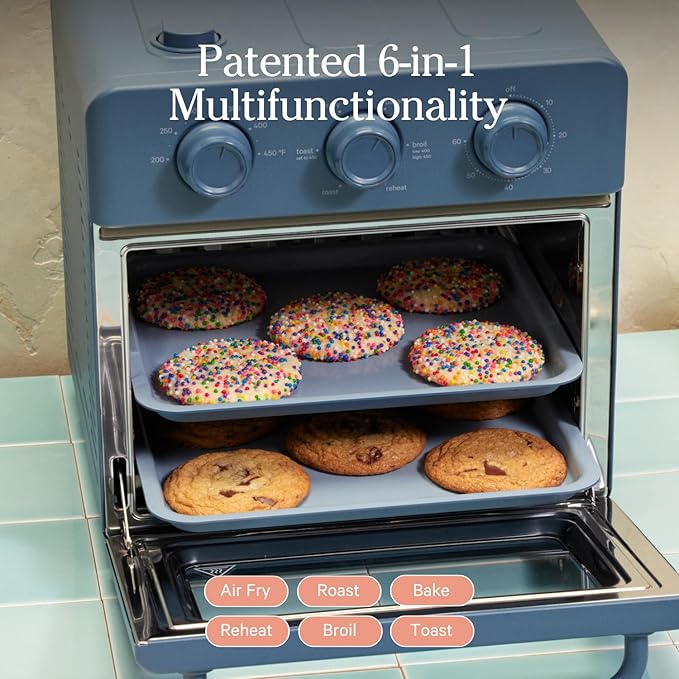 Our Place Wonder Oven | 6-in-1 Stainless Steel Air Fryer Toaster Oven Combo with Basket, Rack, Pan & Tray | Compact 13 QT Countertop Capacity - Toast, Roast, Bake, Reheat, Broil & Steam | Blue Salt