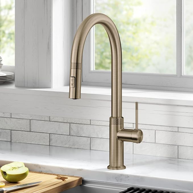 KRAUS Brushed Gold 17 in Pull Down Kitchen Faucet KPF-2654BG | Diamond-knurled - Image 2