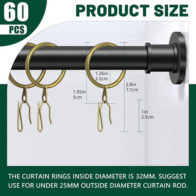 60Pcs 32mm Internal Diameter Curtain Rings and Curtain Drapery Pin Hooks | - Image 2