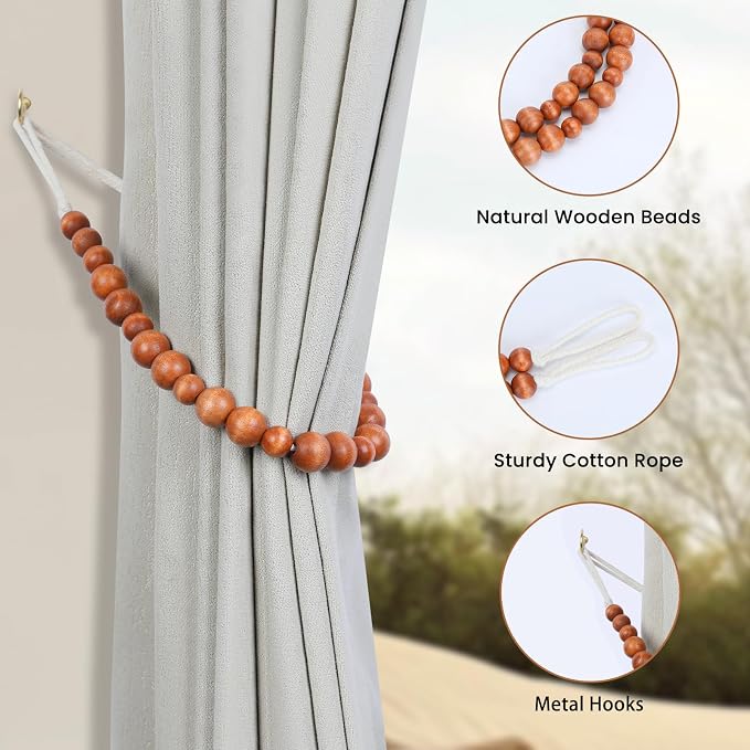 KLOGTSIND Wood Bead Curtain Tiebacks, 2 Pack Curtain Tie Backs - Image 5