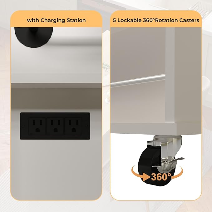 47.2 in Mobile Kitchen Island with Drop Leaf Countertop, Charging Station & Ample Storage, Rolling Kitchen Cart on Wheels with Pull-Out Shelves, Drawers, Spice Rack & Organizer Divider (White-1)