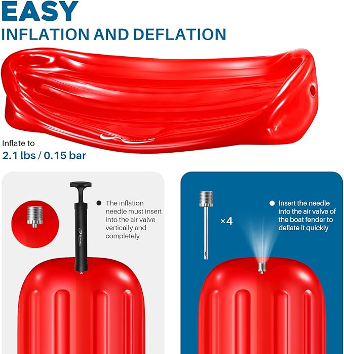 Boat Fenders 4 Pack 10 x 28 Inches Ribbed Center Hole Boat Fenders Bumpers for Docking, Comes with Ropes and Pump to Inflate