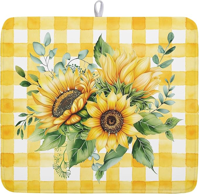 Sunflower Dish Drying Mat 16x18 Inch Absorbent Reversible Summer Sunflower by Kawani