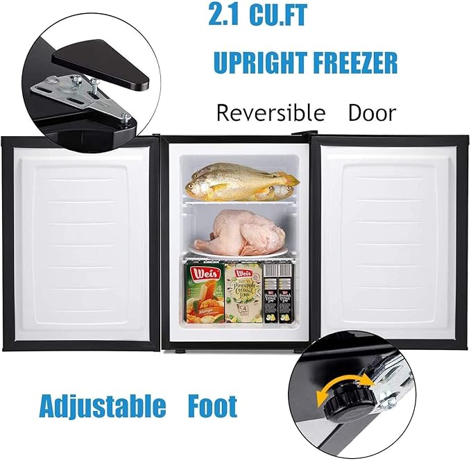 Antarctic Star 2.1 Cu.Ft Upright Freezer, Ultra-Compact Mini Freezer with Reversible Door, 7-Temp Control & Removable Shelves, Stainless Steel for Dorm, Home, Office, Black
