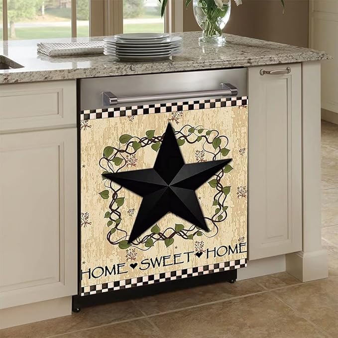 Black Prim Barn Star and Wreath Dishwasher Cover Decorative Magnet for Dishwasher Door