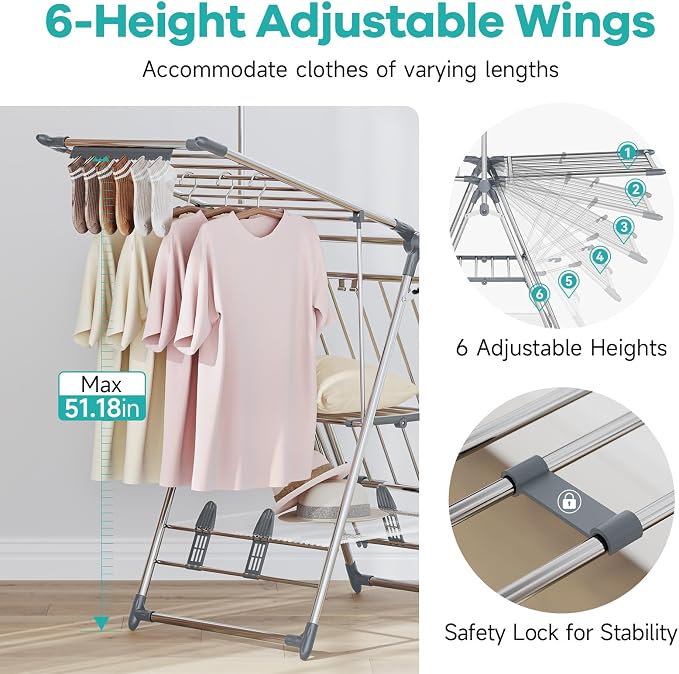 Clothes Drying Rack with High Hanger, 3-Level Drying Racks | Foldable Laundry - Image 2