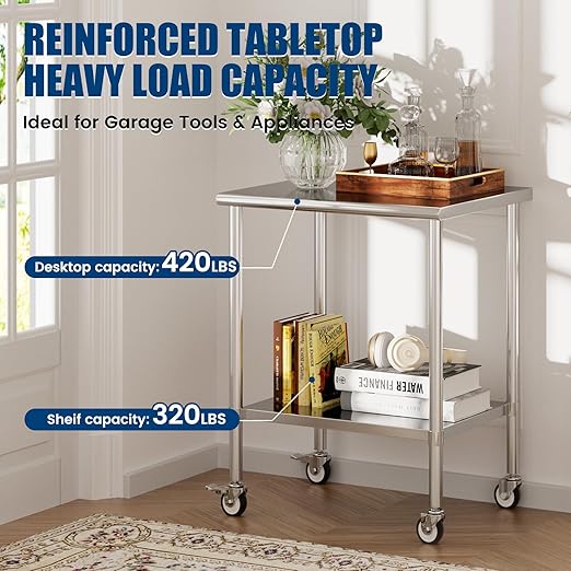 Stainless Steel Work Table with Wheels, 24x30 Inch NSF Kitchen Prep Table with Adjustable Undershelf for Commercial Restaurant, Garage, Outdoor BBQ