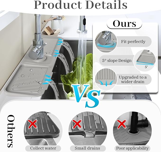 PoYang 23.6 Inch Silicone Sink Splash Guard, Kitchen Sink Mat, Light Grey | - Image 5