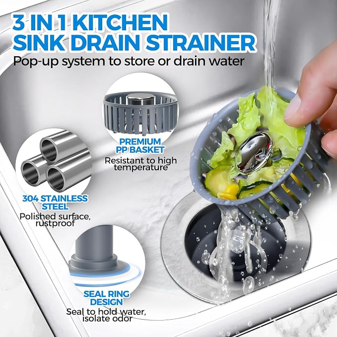 zaa 3 in 1 Kitchen Sink Drain Strainer Stopper Removable Basket Pop-Up - Image 2